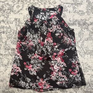 White House Black Market Black Floral Pleated Neck top